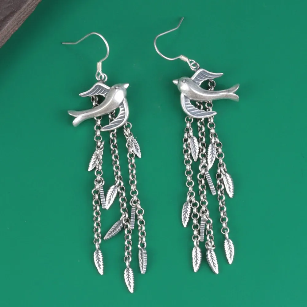 

Real Pure S925 Sterling Silver Women Swallow Bird Tassel Leaf Dangle Earrings 10g