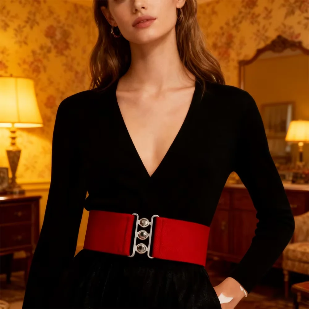 PESENAR Cinto largo elástico vermelho estilo anos 1950 com fivela de metal para acessório de festa de fantasia retrô vintage