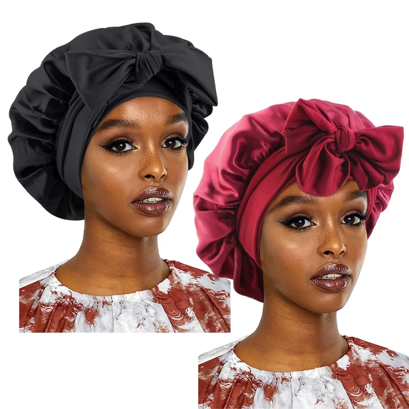 2PCS/LOT arge Satin Bonnet Silky Night Sleeping Cap Long Satin Bonnet With Head Tie Band Bonnet Elastic Shower Cap Head Cover