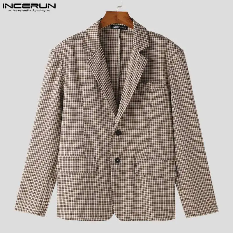 INCERUN-Blazer à carreaux pour hommes, revers à manches longues, boutons, olympiques décontractés pour hommes, Streetwear printemps 2024, mode