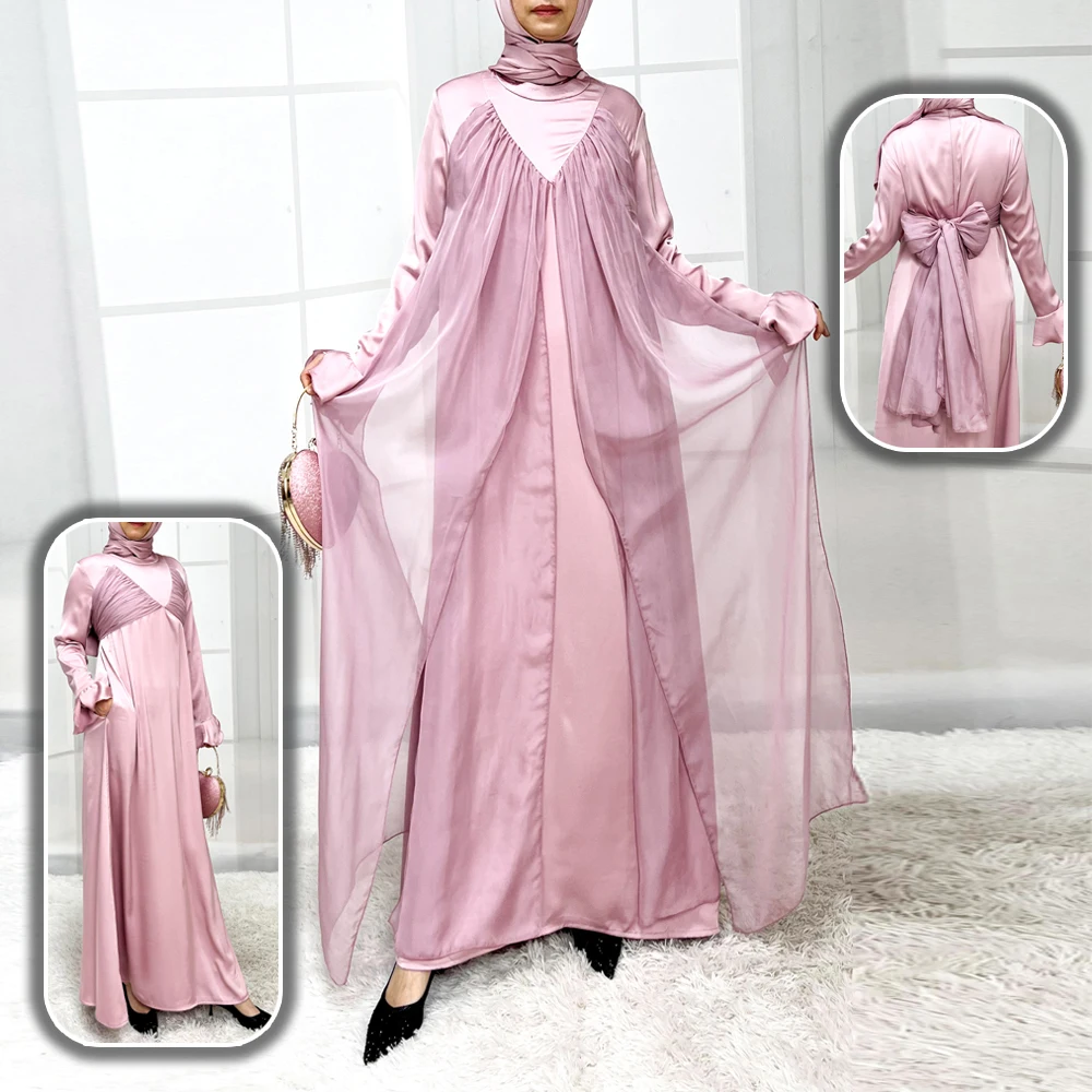 Ramadan Eid Slim Fit Sweet Versatile Muslim Women Abaya Modest Dress-Flared Slit Cuffs, Side Pockets, Multi-way Draped Overlay