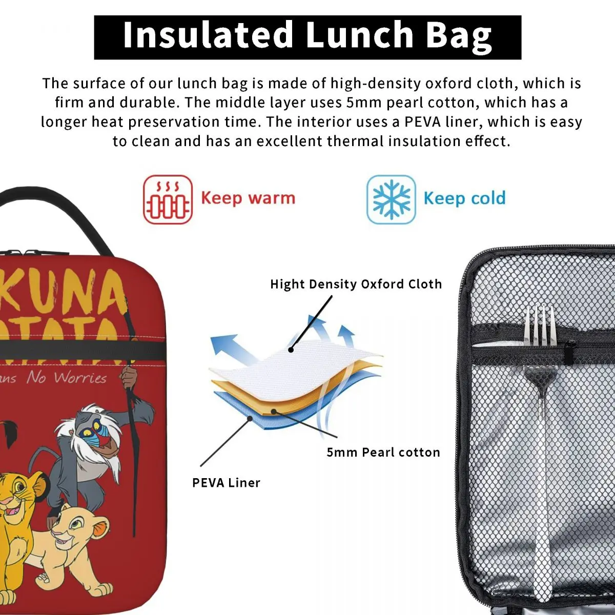 Sac à déjeuner isolé roi Lion, Portable classique, il ne signifie pas de soucis, sac thermique réutilisable, fourre-tout, boîte à déjeuner, pochette à Bento de voyage de plage