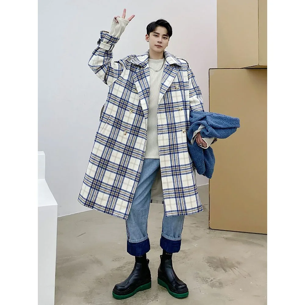 Men Double Breasted 3\\4 Long Plaid Wool Trench Coat Outerwear Male Streetwear Vintage Fashion Winter Woolen Jacket Overcoat