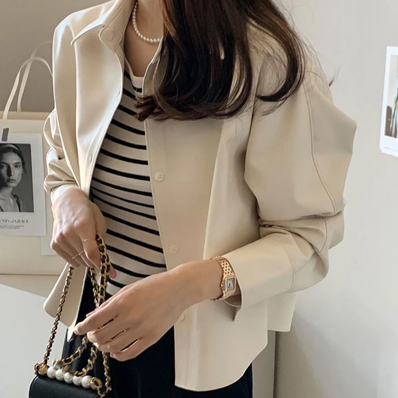 Chaqueta de cuero corta informal hoada con un solo botón y solapa de manga larga de estilo Vintage e para mujer, pre...