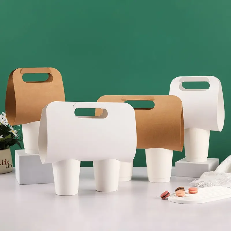 

Kraft Paper Handle Cup Holder Disposable Thick White Paper Jam Beverage Takeout Anti Spillage Single Double Cup Portable Package