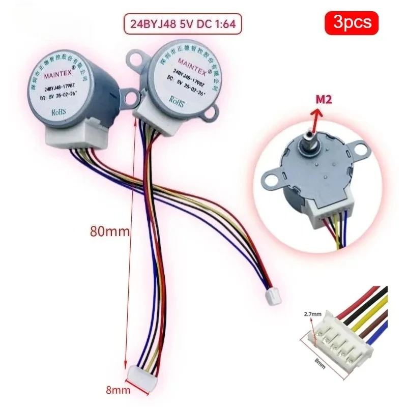 3pcs 4-Phase 5-Wire DC Gear Stepper Motor 5V 24BYJ48 Reduction Motor Ratio 64:1 for Single Chip Microcomputer/Camera Monitoring