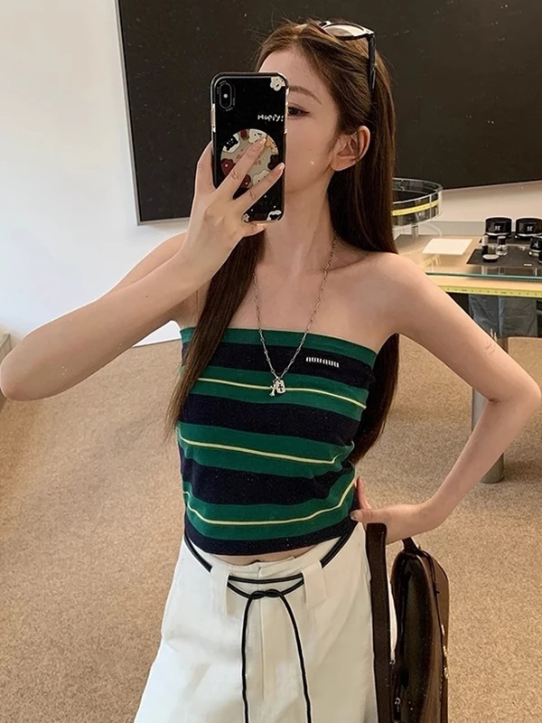 ein Gestreiftes Crop Top Tube Dr Damen Beachwear Tank Top mit Brustpolster Sommer ort Sve Oberbekleidung Innenbekleidung