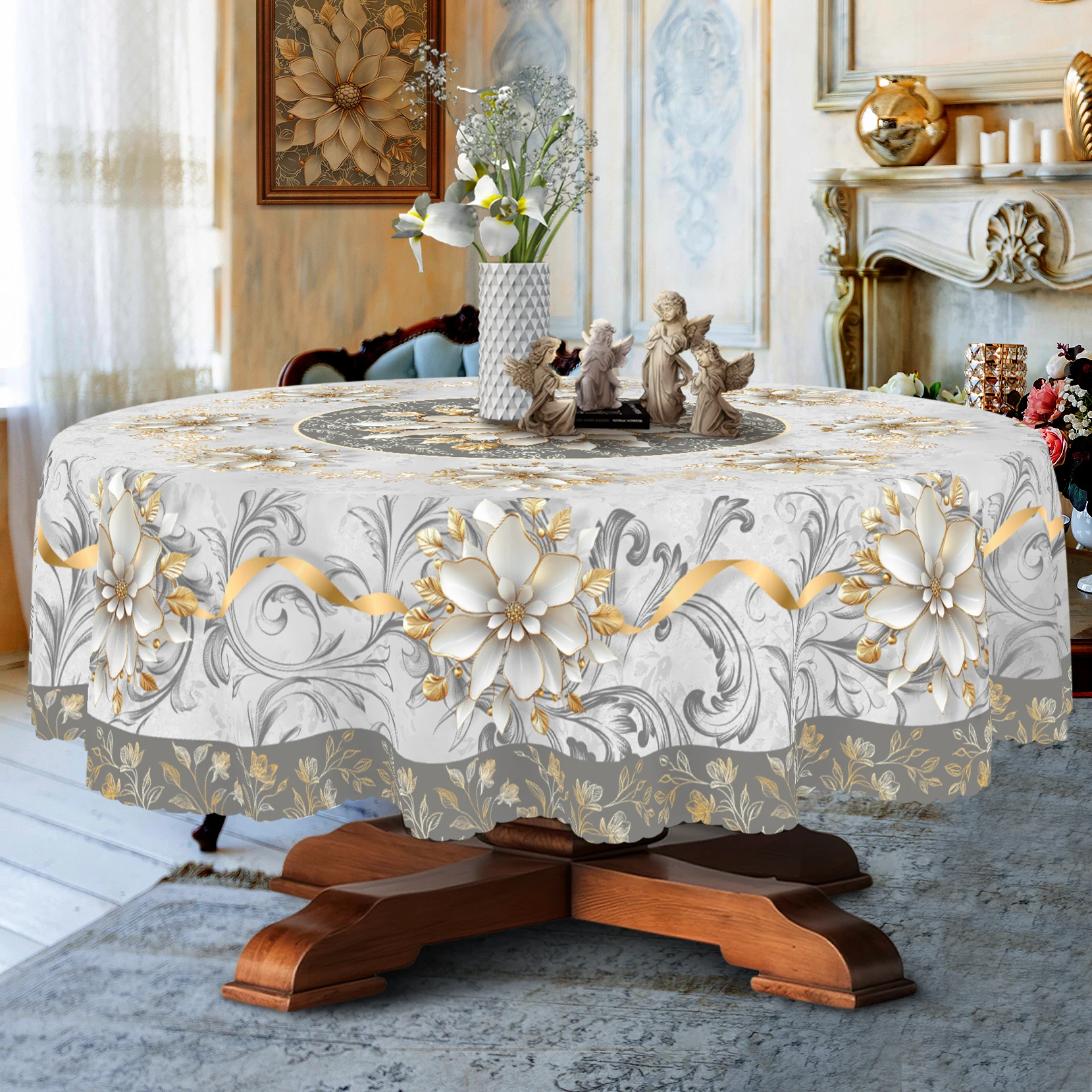 Elegant Floral-Themed Printed Tablecloth, High-Quality White and Gold Pattern, Embossed Edges, Durable, Waterproof, Oil-Proof, Stain-Resistant, Wrinkle-Resistant, Non-Fading, Machine Washable, Reusable, Perfect Gift for Family and Friends, for Indoor and Outdoor Party and Holiday Decorations, Round/Rectangular, Suitable for All Seasons, for Home Kitchens, Rooms, Patios, Balconies, Picnics, Cafes, and Restaurant Tables.