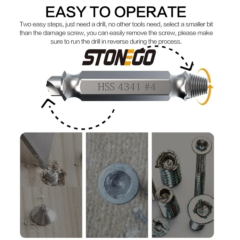 STONEGO Stripped Screw Extractor Drill Kit - HSS 4341 Broken Bolt Extractor for Easy Removal of Damaged Screws 1PC/4PCS/6PCS