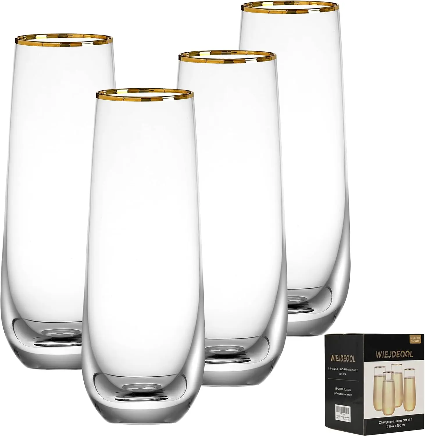

Stemless Champagne Flutes Set of 4, Gold Rim Champagne Glasses, Best Gift