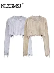 TRAF 2024 Spring Women Short Sweaters Frayed Knitted Jumper Pullovers Long Sleeve Female Crop Top Pull Streetwear Y2K