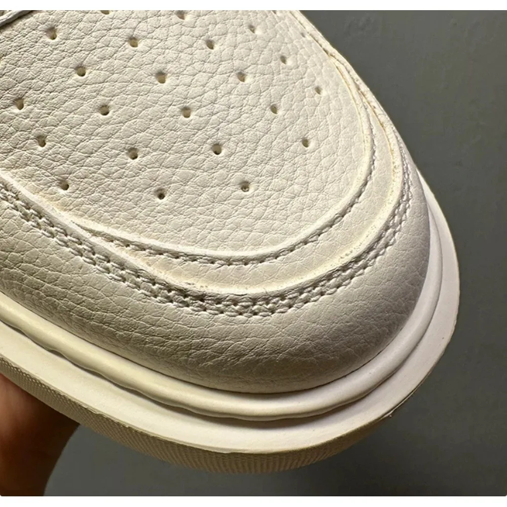 Men's White Leather Lace‑Up Sneakers, Thick Platform Sole Breathable Comfort Casual Board Shoes For Daily Street Style