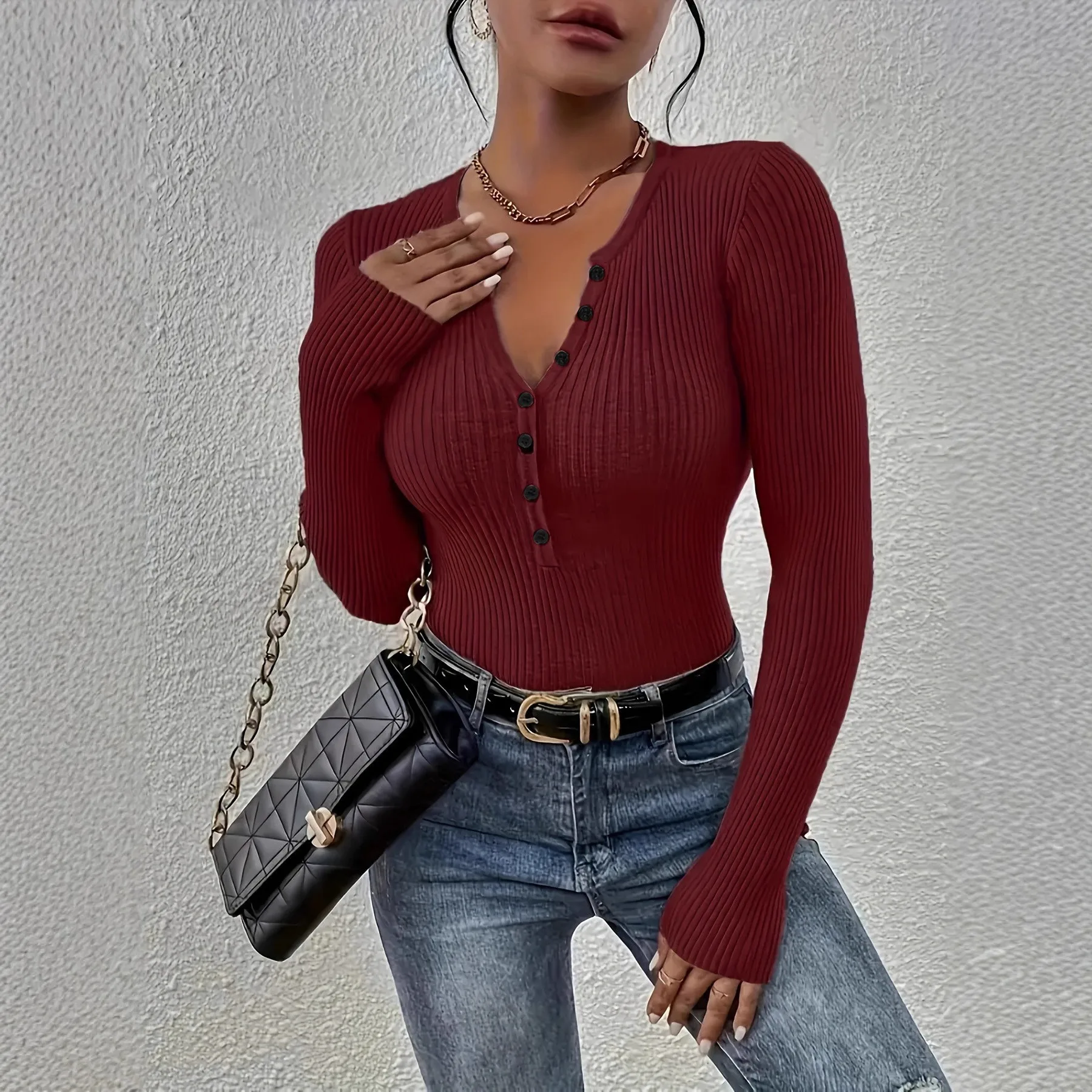 Pullover Long Sleeve Top Slim Fit Minimalist with Button Collar High Temperature Setting Standard Length Women Long Sleeve Top