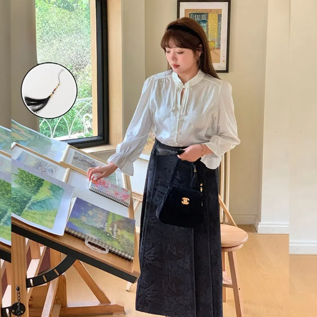 

Весенний комплект женской одежды больших размеров для двойных дней, рубашка с воротником-стойкой в китайском стиле и юбка с древним лицом лошади