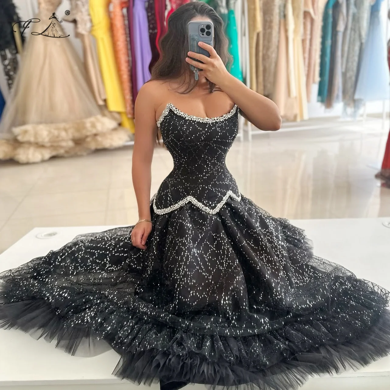 

Floria Women's Prom dress black crystal organza dresses strapless evening dress A-line skirts homecoming dresses customizable