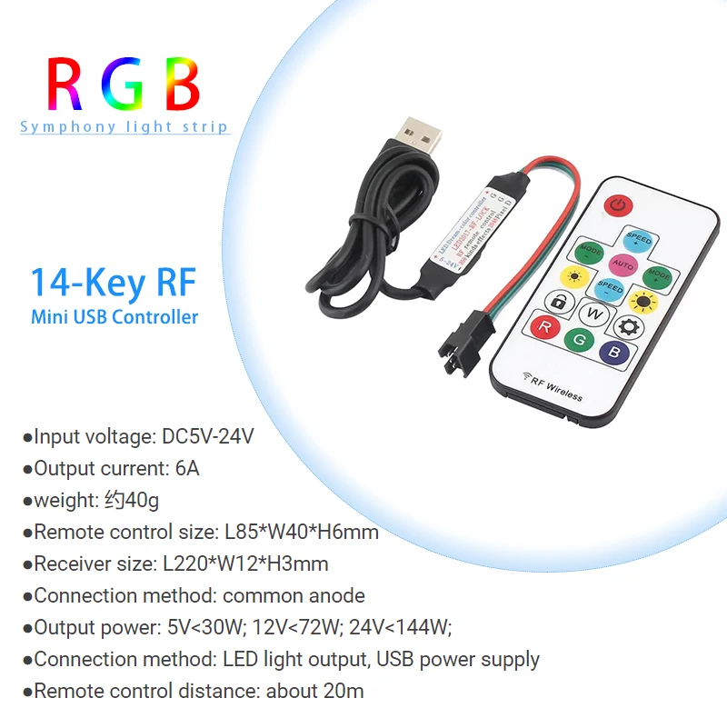 5V USB Dimmer LED Magic Color Controller 2048 Pixels 14-Key RF Wireless Remote for WS2812B WS2811 Addressable RGB Strip Lights