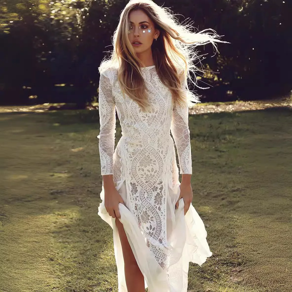 2025 New Women's Fashion Elegant Round Neck Long Sleeve Dress Openwork Backless Lace Sexy Banquet Chic Evening Dress Lady