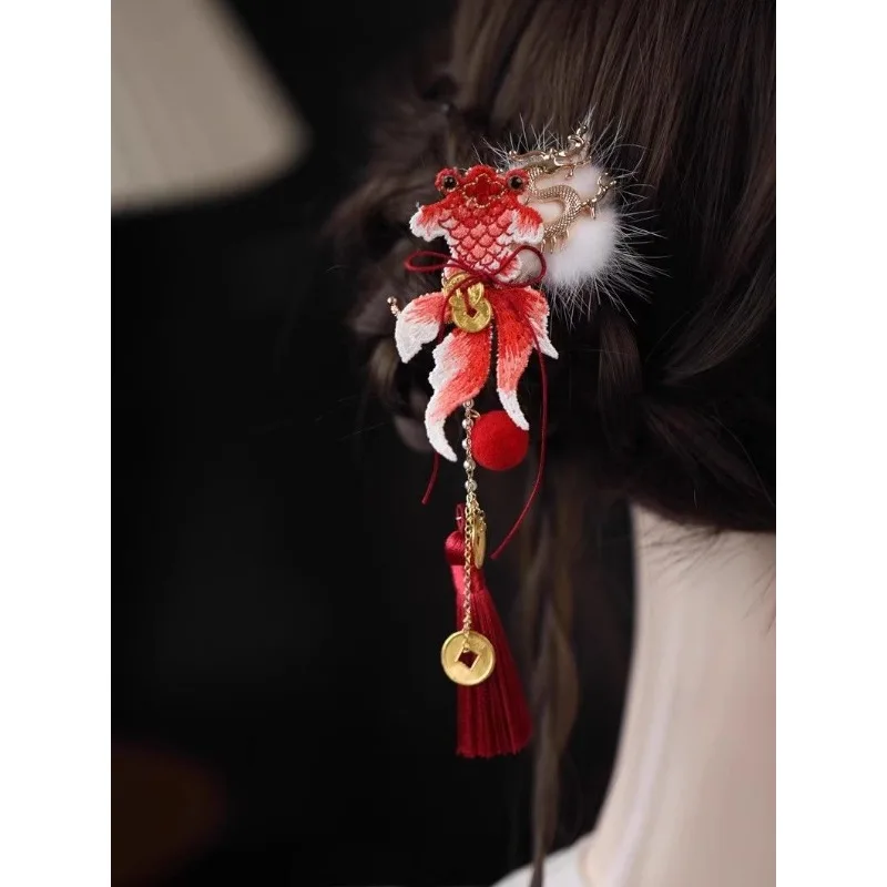 Chinese New Year Red Koi Fish Hair Clip Cute for Kids Girls Twin Tails Hairstyle Ancient Lolita Style Tassel Lucky Charm Gift view 3
