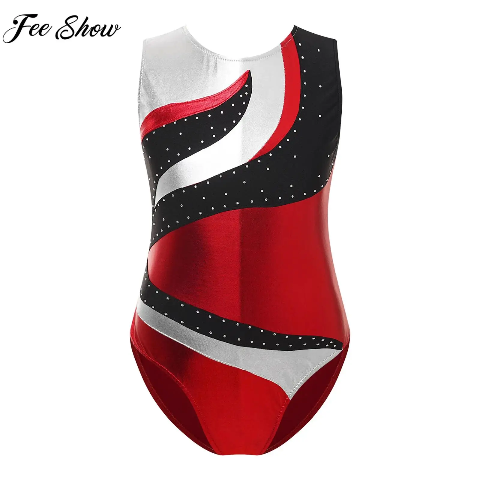 Children Girl Ballet Dance Gymnastics Leotard Sleeveless Shiny Rhinestone Bronzing Cloth Bodysuit for Figure Skating Performance