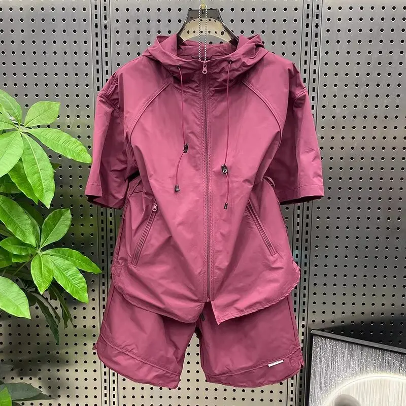 Men Plus Size Summer Quick Dry Sportswear 2 Piece Set Hooded Short Sleeve Jacket + Shorts Loose Fit Outdoor Hiking Tracksuit view 3