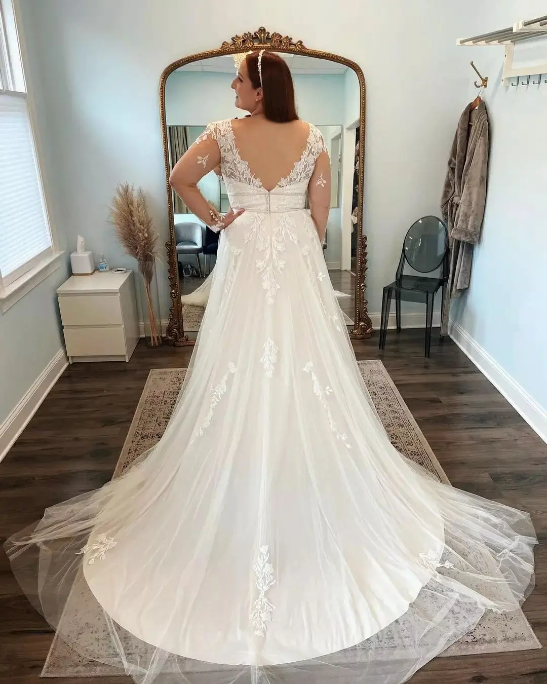 Plus size vestido de casamento apliques de renda com decote em v completo tule manga vestido de noiva sem costas com zíper vestidos de noiva robe de mariee