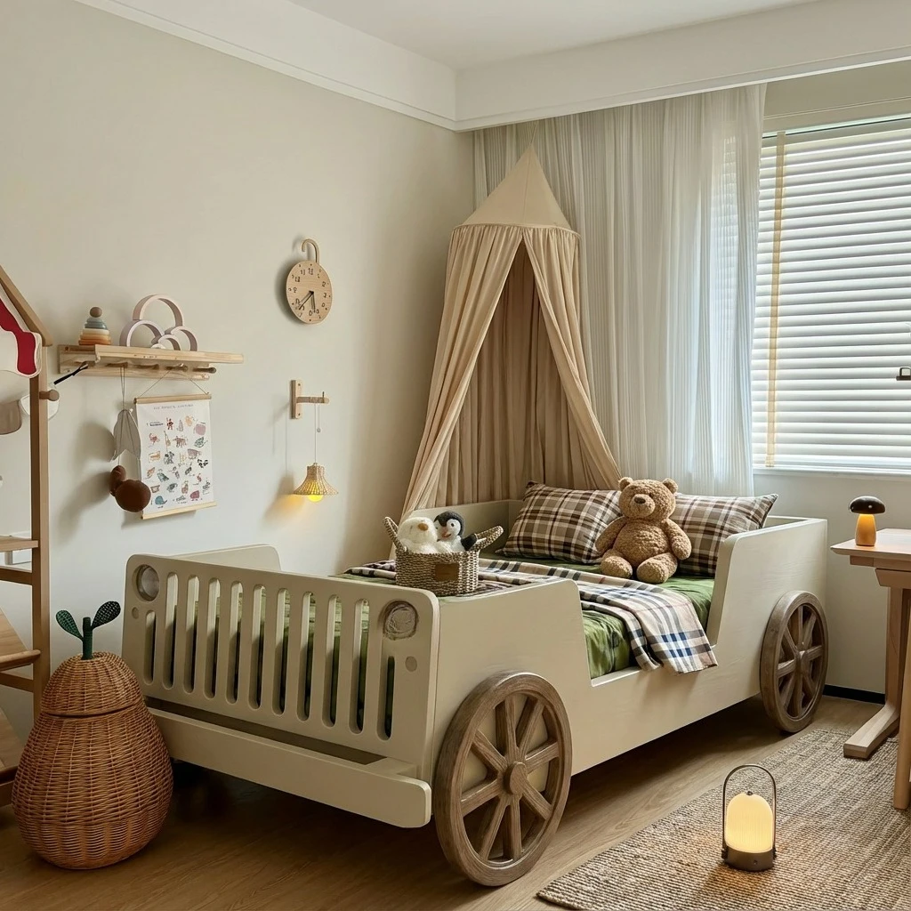 Modern simple car bed, solid wood children's bed boy with guardrail, bedroom small apartment log new bed