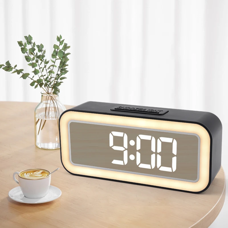 Large LED Night Light Mirror Digital Alarm Clock Thermometer Type-C USB Output 12/24H Display Table Dual Snooze Sound Alarms