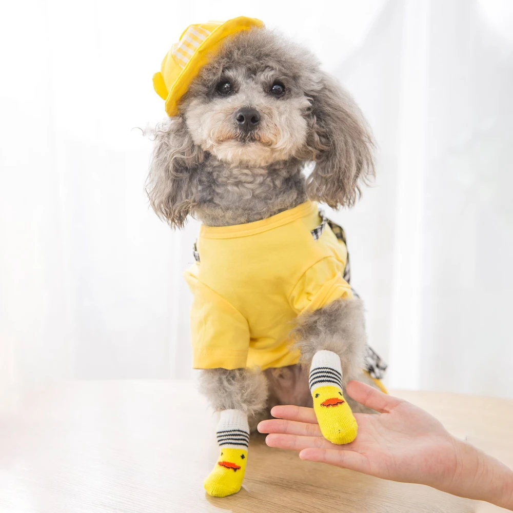 4pcs/Set Cute Puppy Dog Knit Socks Autumn Winter Pet Socks Anti-Slip Knitted Small Dogs Shoes Warm Paw Protector Dog Accessories