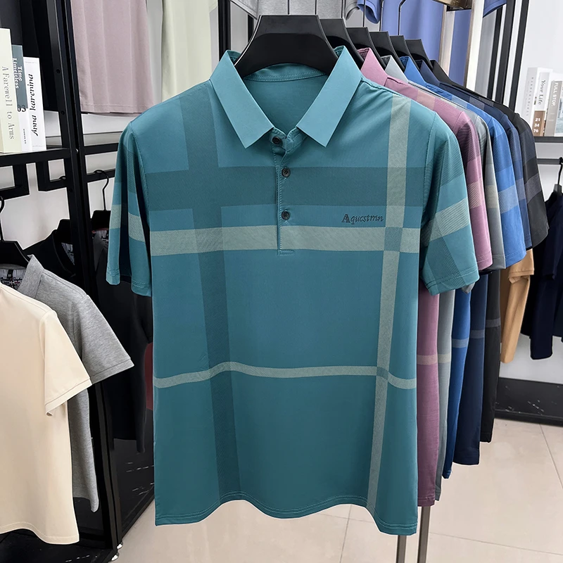 Herrenmode Geometrisch bedrucktes Polohemd aus weichem, atmungsaktivem Stoff mit Brustlogo, Kurzarm, für Business. – Detail 12