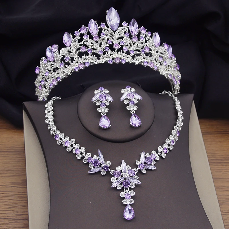 

Gorgeous Purple Crystal Bridal Jewelry Sets for Women Tiaras Earrings Necklaces Set Wedding Crown Jewelry Set Fashion