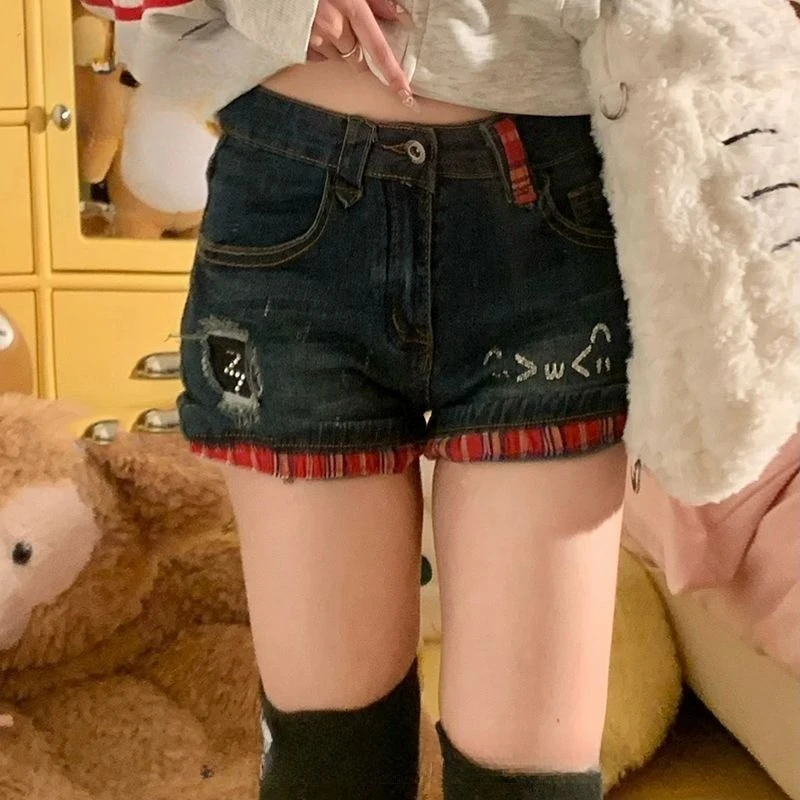 Afbeelding 5: Amerikaanse vintage korte jeans dames casual lage taille denim noodlijdende bodycon Y2K streetwear kawaii retro knop zomer patchwork