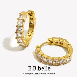 E.B.belle Gold Color Square Shape Rhinestone Round Earring Minimalist Stainless Steel Decoration Jewelry For Women Girls Gifts