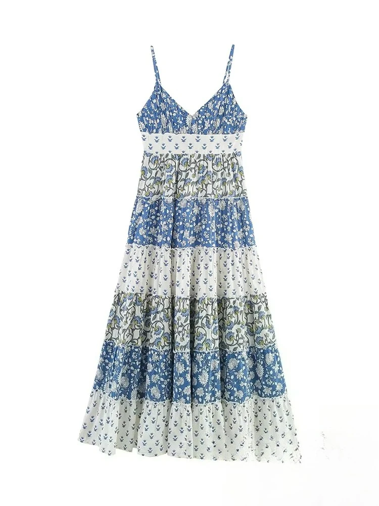 KONDALA Sexy Chic Women Flower Print Dress Cami Sleeveless Bow Draped Long Vestidos New Fashion 2025 Spring Summer Holiday Dress