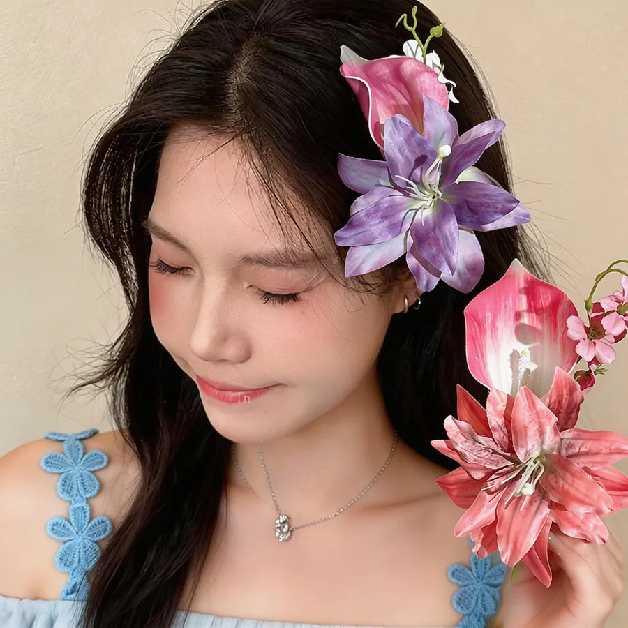 Bohemian Artificial Flower Hair Clips Women Large Romantic Calla Lily Floral Hair Barrettes Accessories Holiday Party M view 3