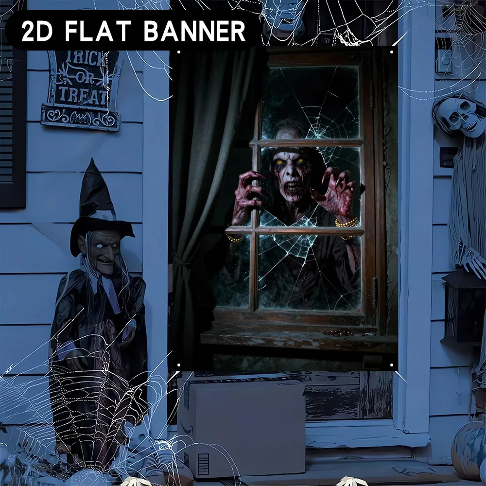 2D flat banner 1pc Halloween window banner background fabric. Horror zombie party theme window covering fabric view 4
