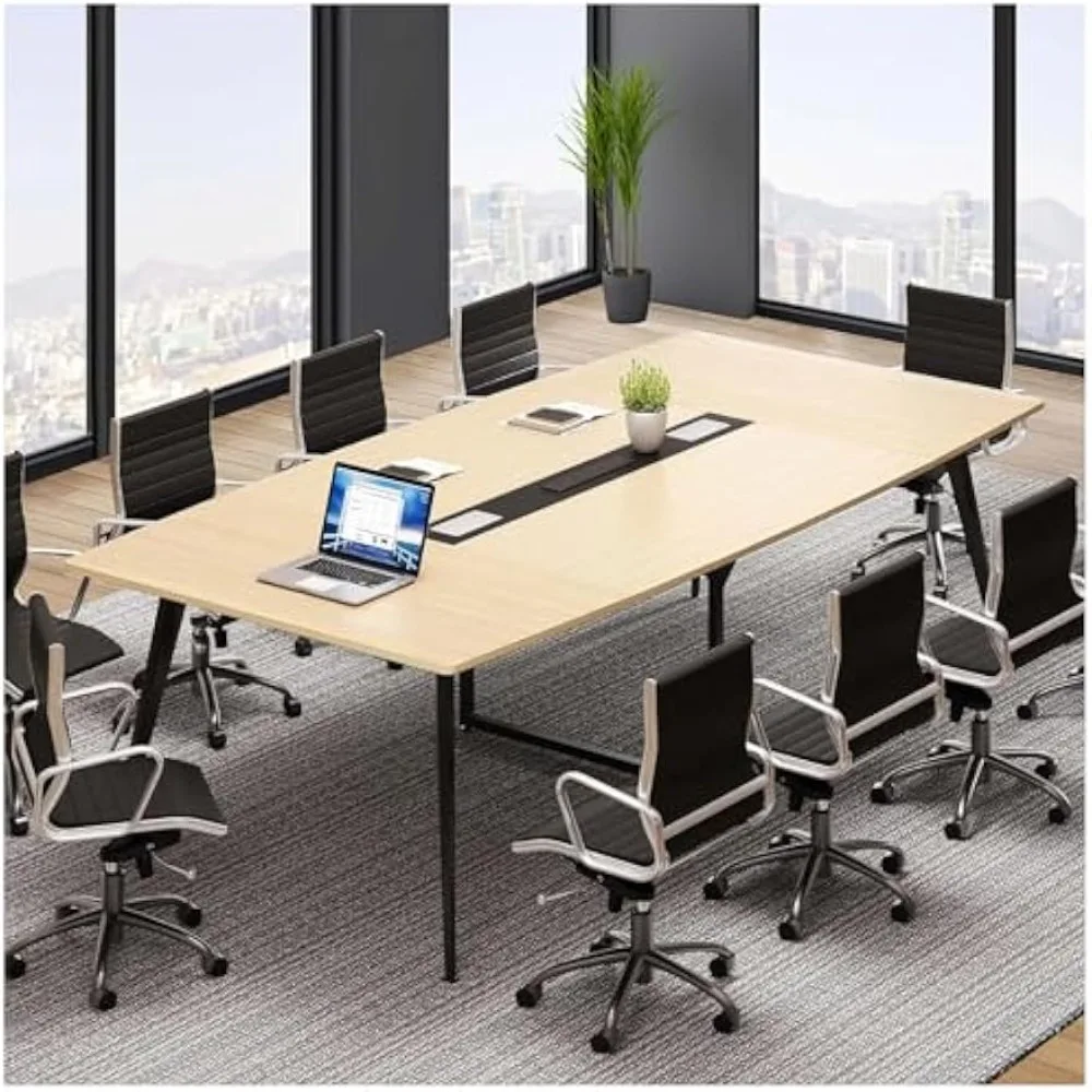 

New Modern Light Wood Grain 8FT Conference Table with Power Outlets Computer Workstation,Rectangular Metal Meeting Desk Office