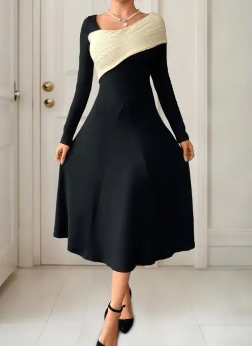 

Women's Dress Spring New Elegant Fashionable Style Color Contrast Splicing Slant Neck Design High Waist Knitted Dress