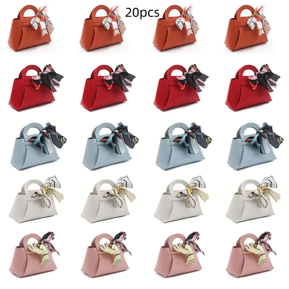 20PCS Leather Gift Bags Bow Ribbon Packaging Bag Wedding Favour Distributions Bags Christmas Candy Packaging Box Mini Handbag