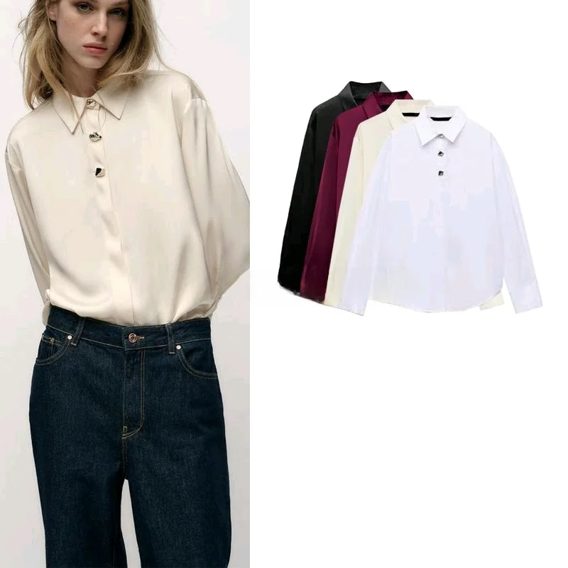 

Gold Button Decorated Silk Satin Feel irt Spring New Women's Faion Loose Fit Long Sve Ne Polyester Fiber