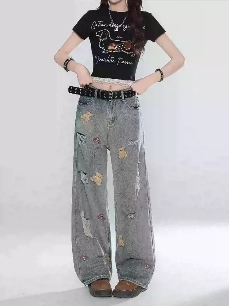 Y2K Streetwear Jeans larghi con ricamo strappato Pantaloni in denim da donna a gamba larga vintage hip-hop Harajuku