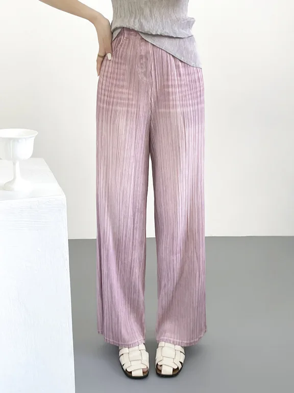 Miyake Pleated Faux Denim Print Straight Pants Autumn New Simple Casual Fashion Draped Elastic Women's Fold Wide-Leg Trousers
