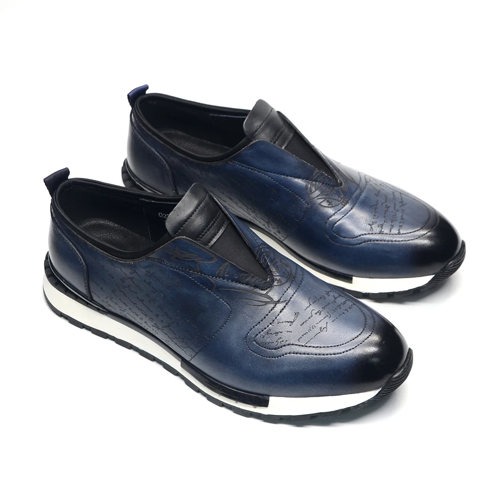 Romantic Text Carving Design Men's Loafer Sneaker Shoes Genuine Leather Handmade Slip-on Breathable Business Office Casual Shoes