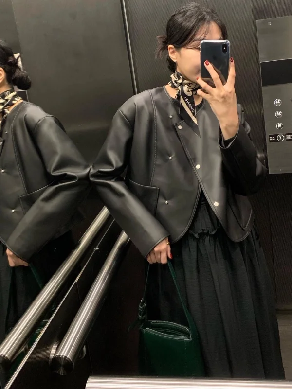 봄 패션 시크 빈티지 비대칭 메탈 블루 PU 가죽 자켓 여성용 다용도 롱 슬리브 코트 스트레이트 컷 슬레