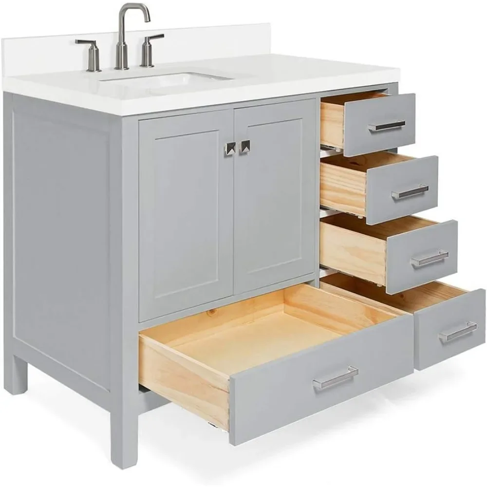 

#For 43" Bathroom Vanity with 1.5" Edge Pure White Quartz Countertop 2 Soft Closing Doors, 5 Full Extension Dovetail Drawers
