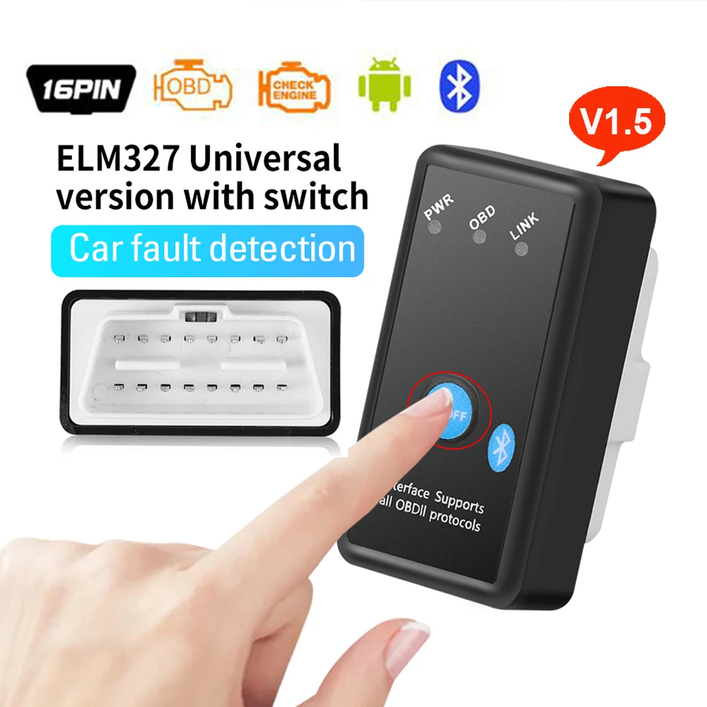 Kebidu Bluetooth ELM327 V1.5 OBD2 Car Diagnostic Tool with Power Switch On/Off Button ELM 327 Auto Scanner For OBDII Protocols