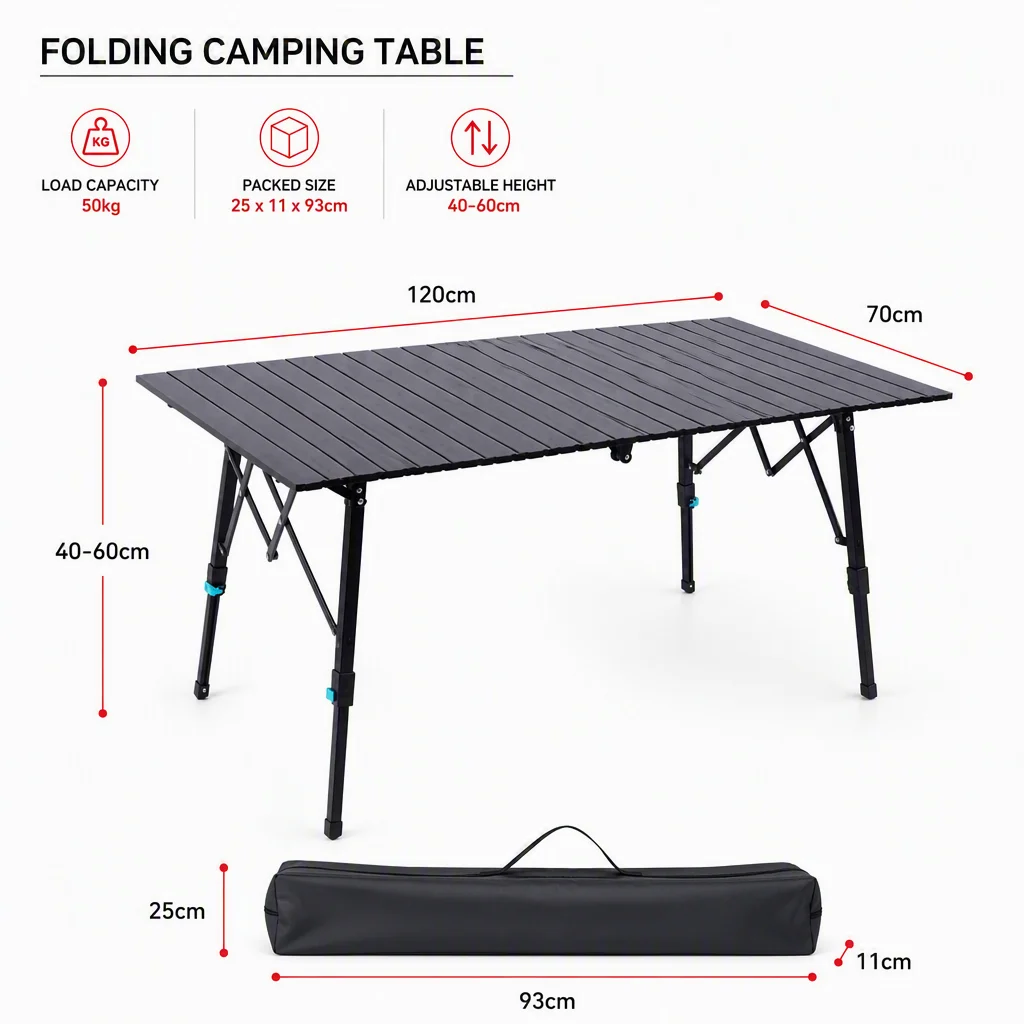 Height Adjustable Folding Camping Table Wood Grain, Aluminum Alloy Roll Up Egg Roll Table Portable Outdoor
