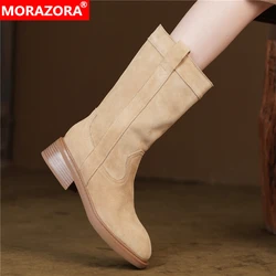 MORAZORA 2024 New Fashion Cow Suede Leather Boots Women Slip On Autumn Winter Mid Calf Western Boots Ladies Shoes