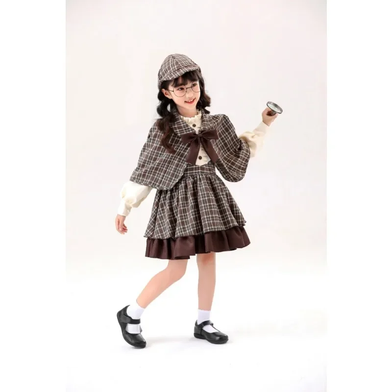 Xm-Robe de Cosplay Lolita pour Fille, Vêtements pour Enfants, Style Institut Britannique, Caseset de Détective, avec Châle