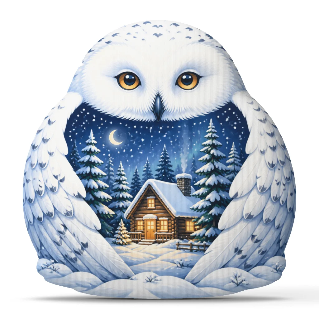 Snowy Owl Plush Pillow Winter Cabin Cushion Irregular Stuffed Throw Pillow Woodland Cottage Home Decor Owl Lover Gift Idea