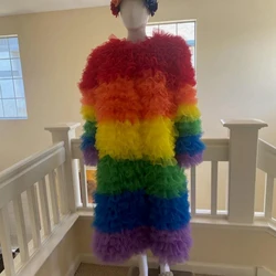 O-neck Rainbow Midi Length Woman Jacket Fluffy Long Sleeve Straight Layered Party Clothing Chic Puffy Long Tops For Show